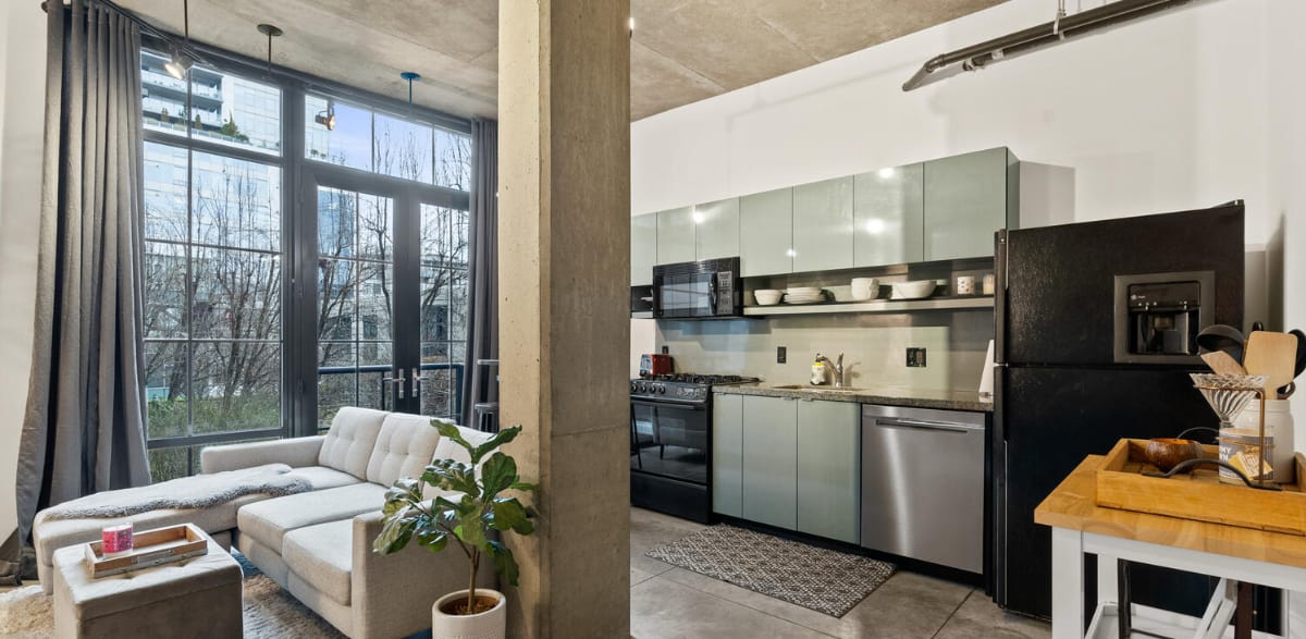 Streetcar Lofts interior with concrete floors and industrial windows